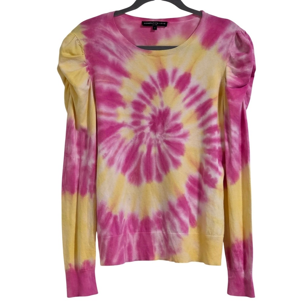 Generation Love Felicity Pink Yellow Tie Dye Puff Sleeve Sweater Women Sm Read